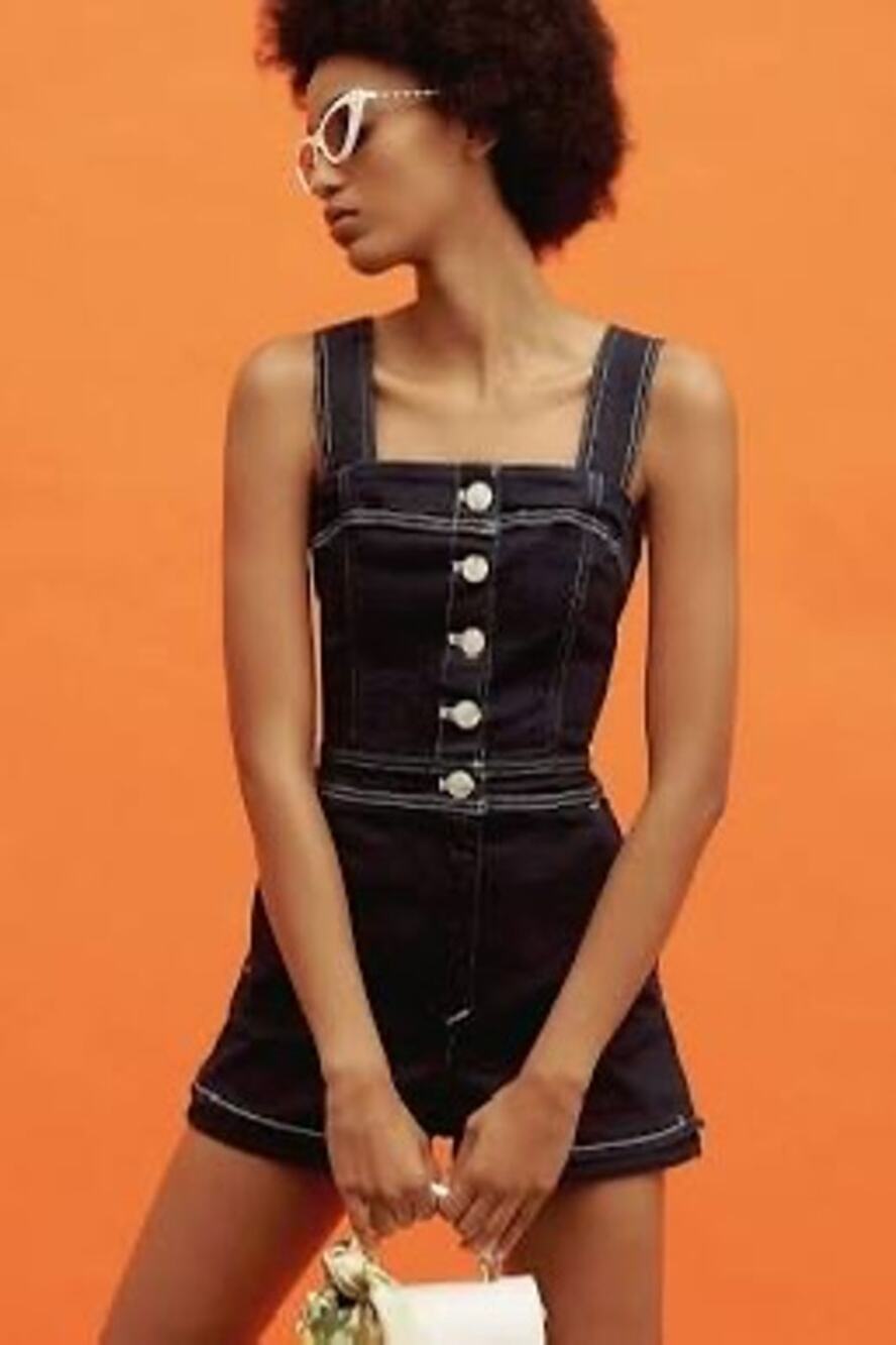Anthropologie‎ Maeve Denim Edition Portside Button-Front Romper Blue Size 12 NWT